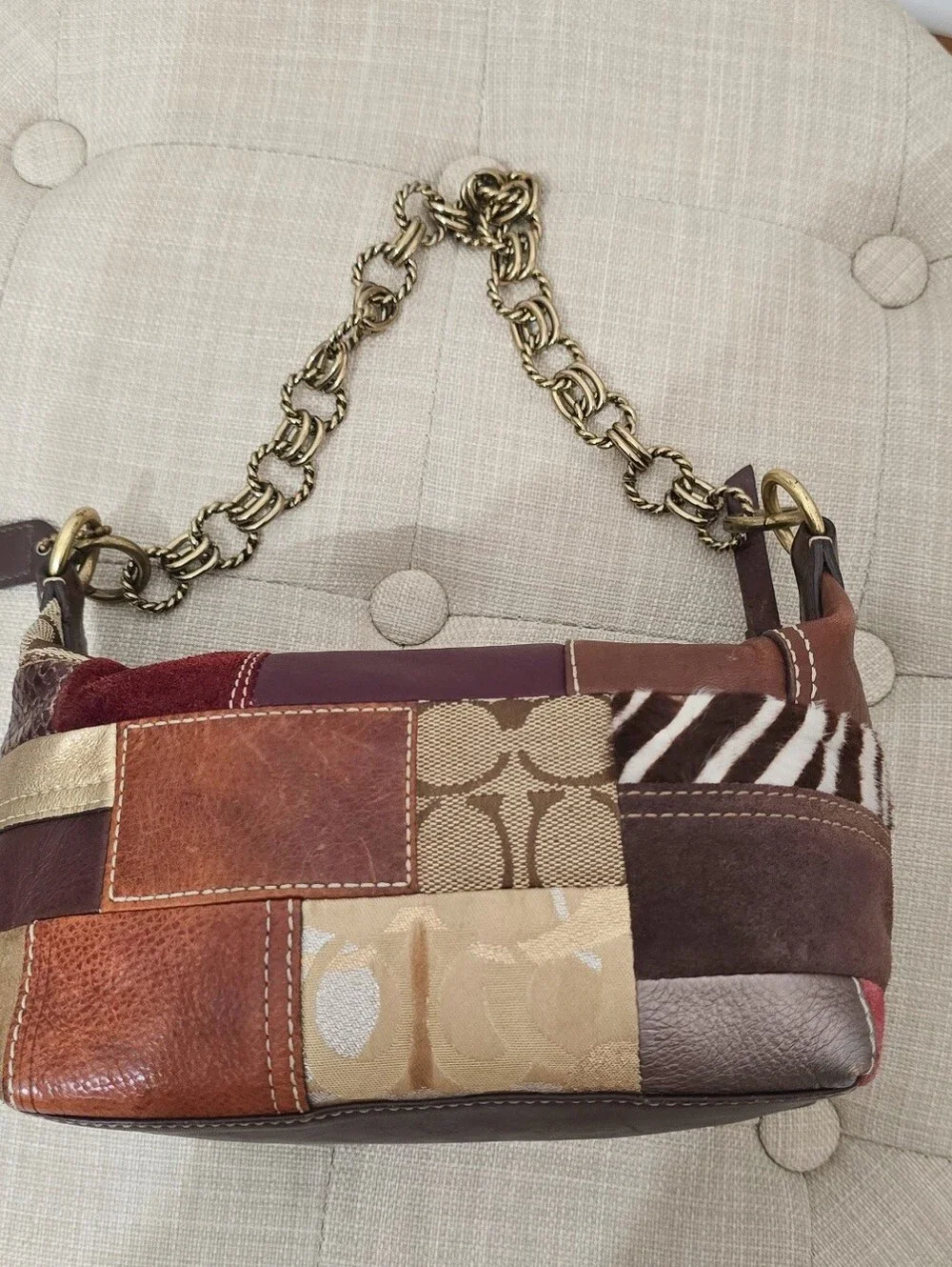 Coach Patchwork Leather and Fabric Shoulder Bag in Burgundy